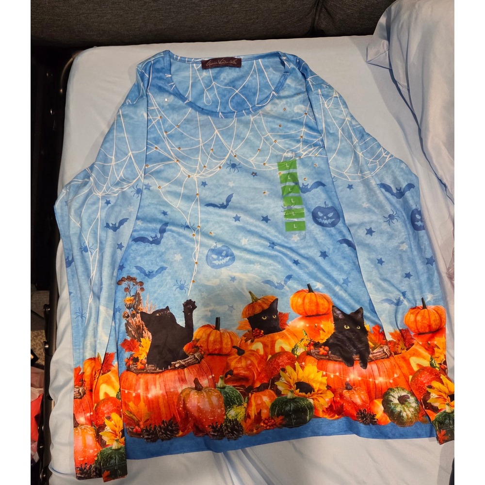 Gloria Vanderbilt Halloween Black Cat Pumpkin Long Sleeve Top Blue Large